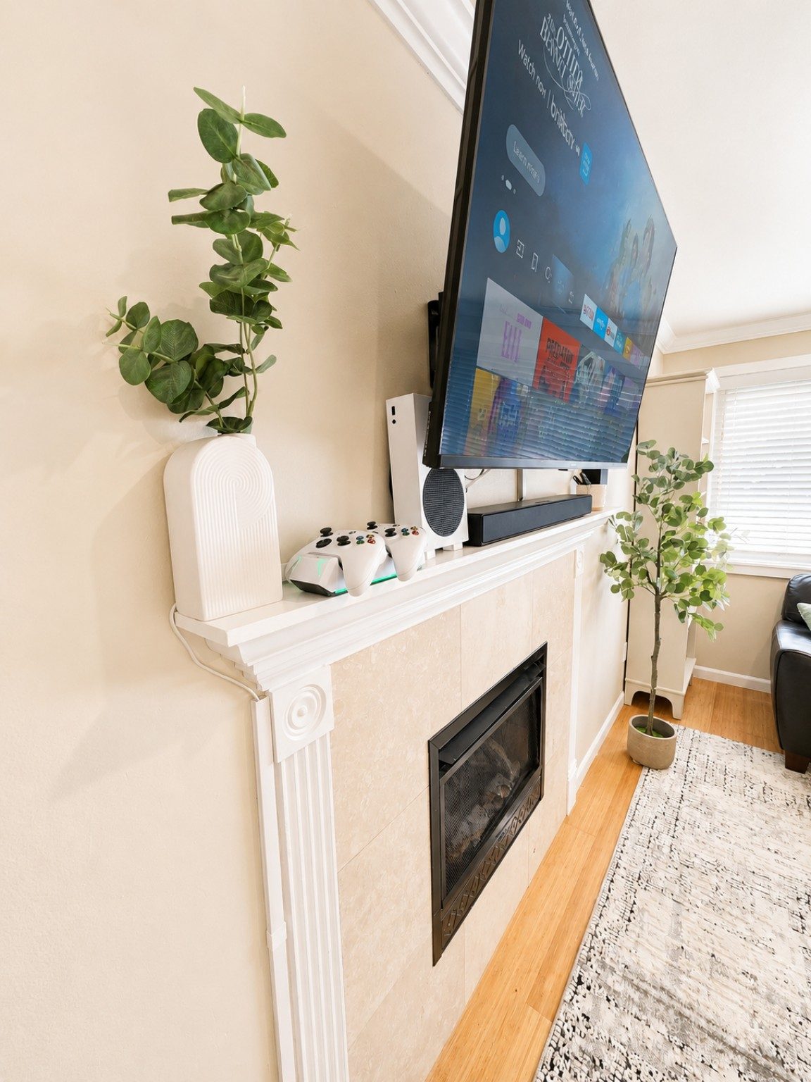 Fireplace, TV and gaming setup